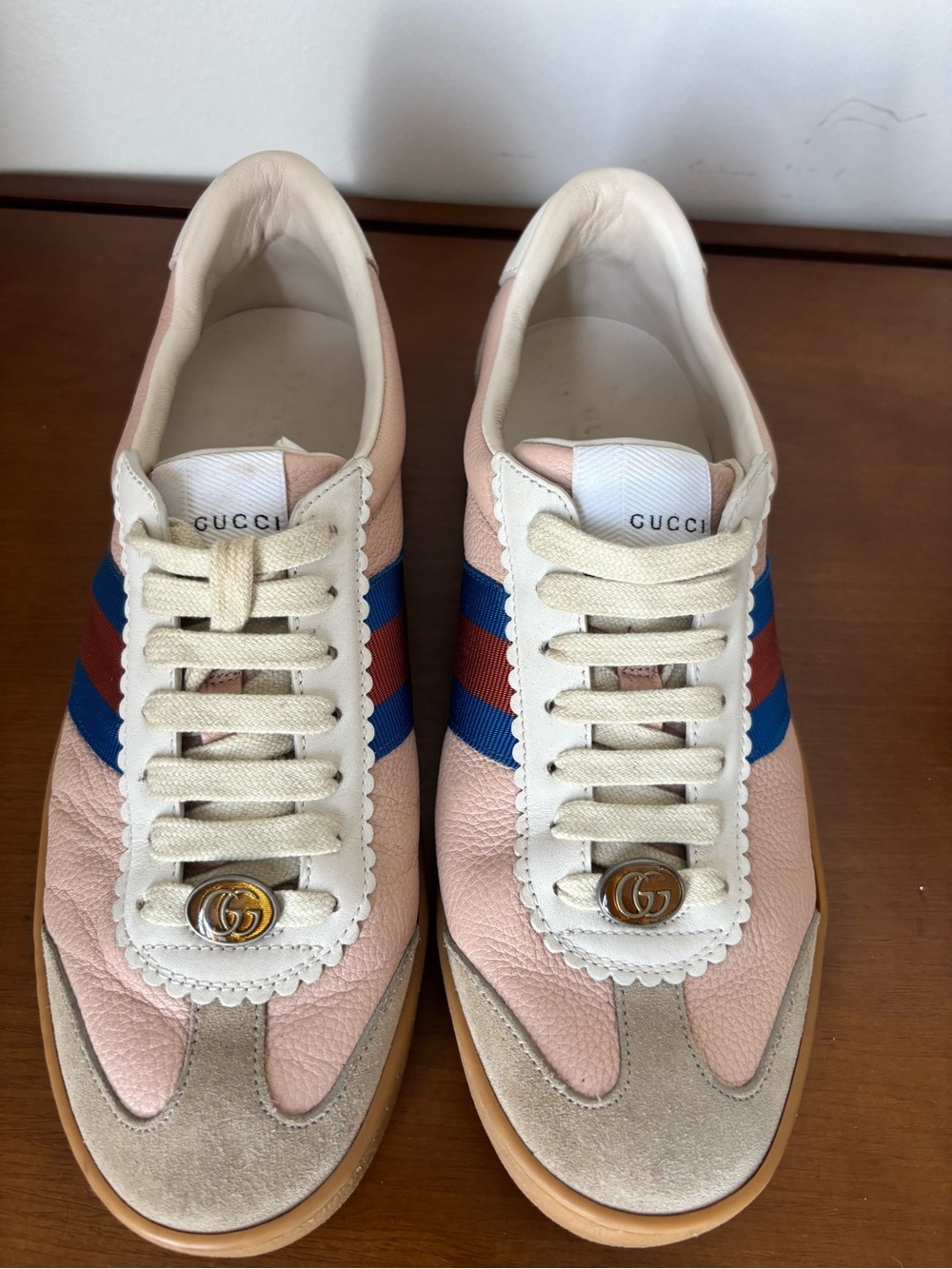 Gucci G74 web leather and suede sneakers the pink and oatmeal lace